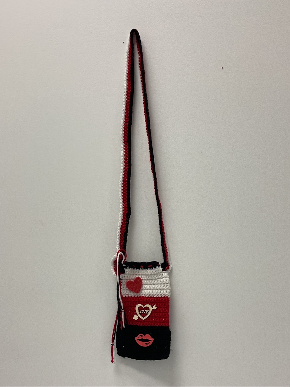 Handmade Red White and Black Crochet Crossbody Phone Bag